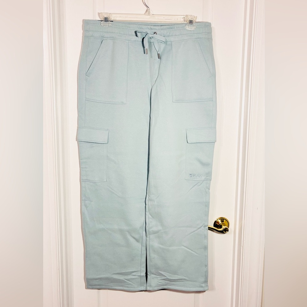 NWT DKNY Straight Leg Fleece Cargo Pants Aqua Green Large